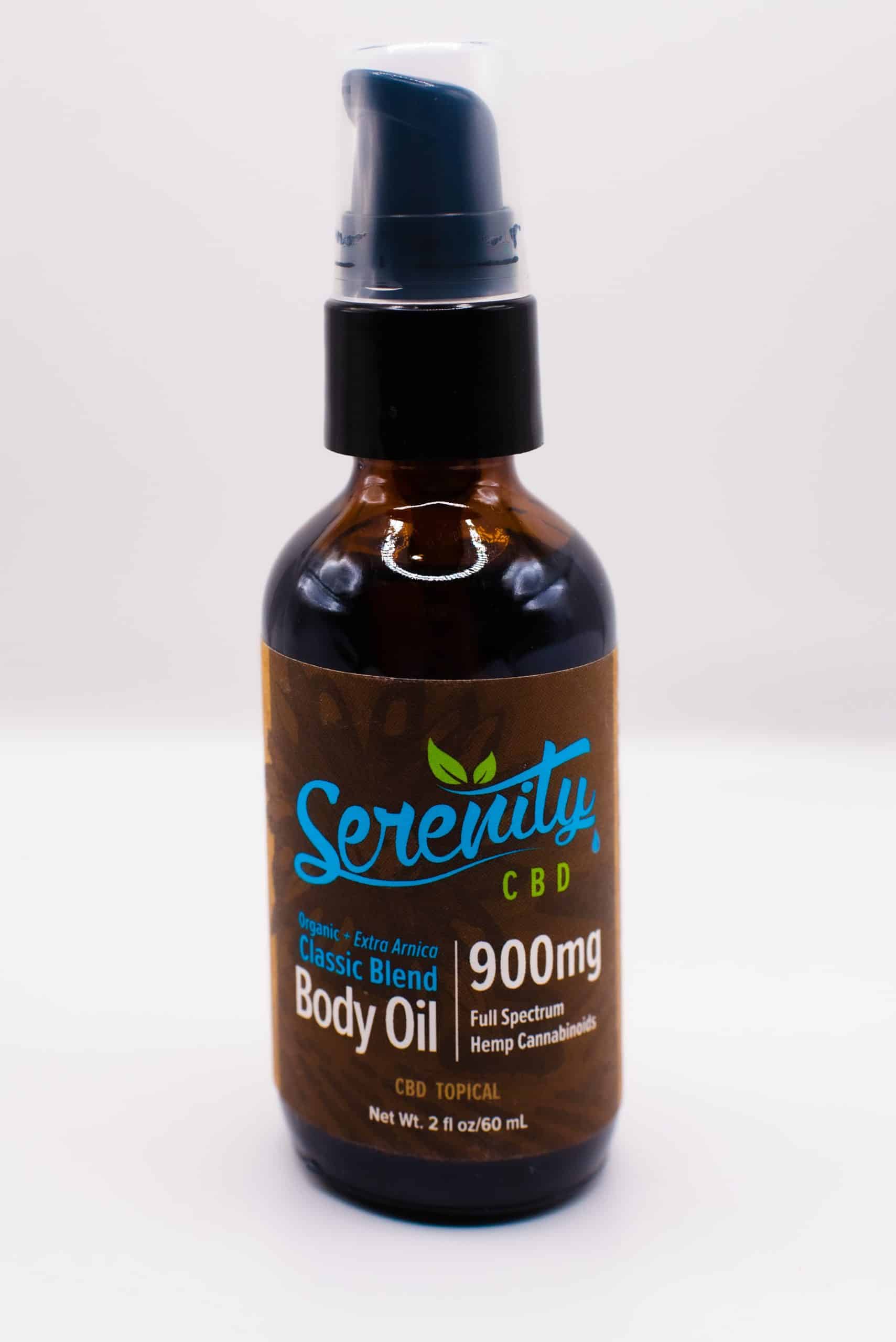 Serenity CBD Body Oil 900mg bottle on a clean white background—highlighting restorative, plant-based hydration and calming relief