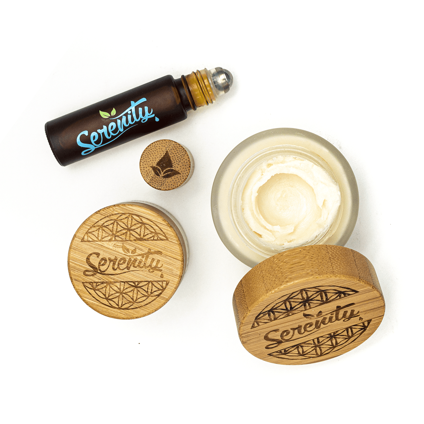 Serenity CBD Topical Care Bundle featuring a soothing balm in a bamboo-lid jar and a roller applicator—designed for targeted relief, skin nourishment, and natural self-care