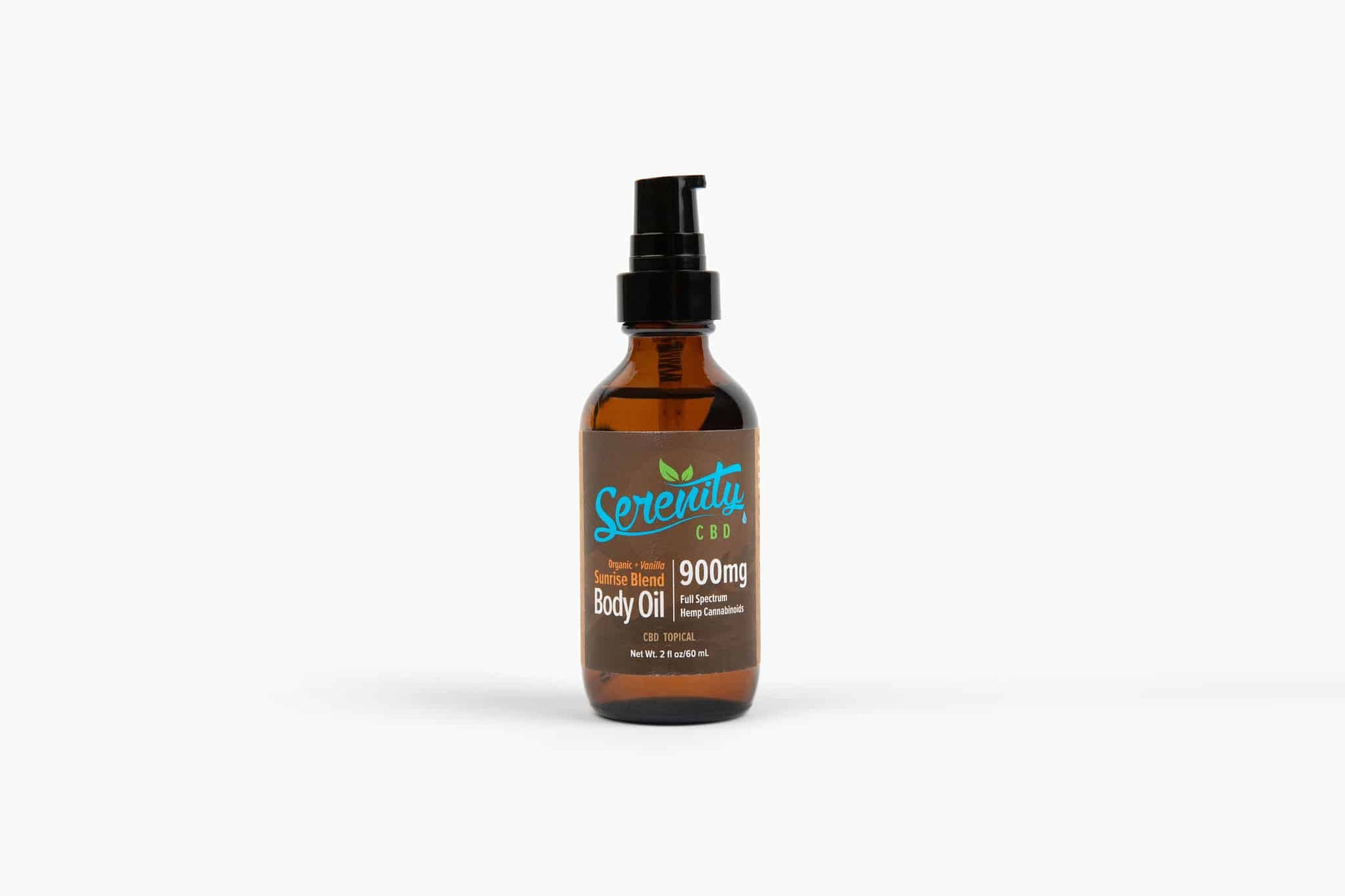Serenity CBD Sunrise Blend Body Oil 900mg bottle on a white background—full spectrum topical oil designed to nourish skin, ease tension, and promote uplifting daily wellness