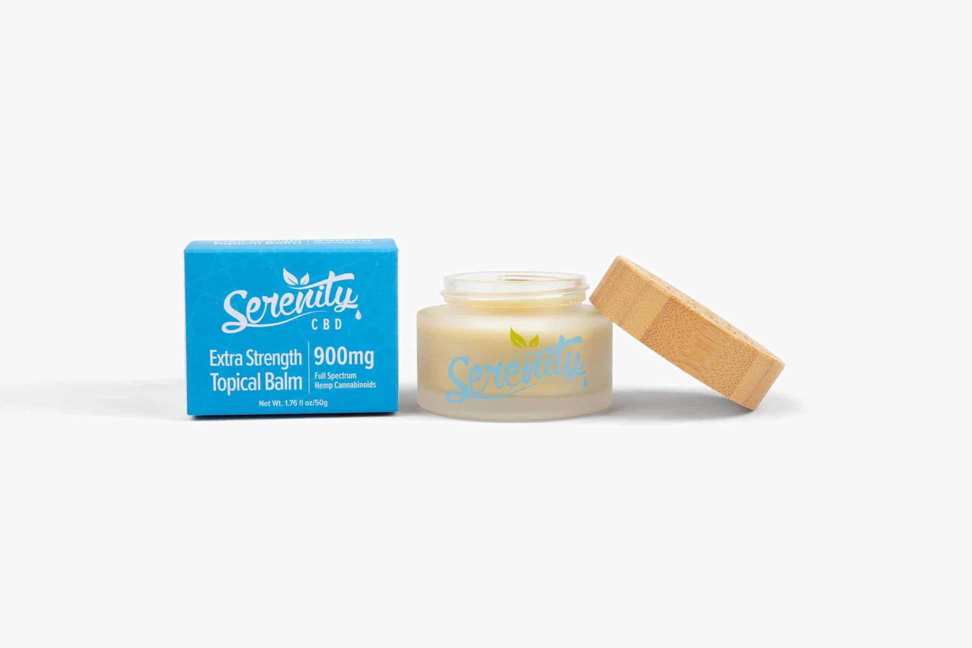 Serenity CBD Topical Balm jar with bamboo lid open beside packaging—highlighting smooth texture for calming, plant-powered skin care