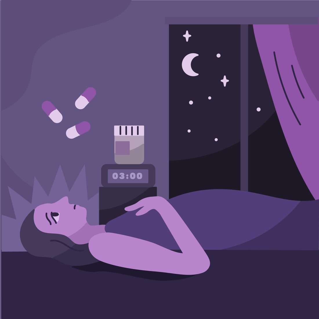 Person in bed at night representing difficulty winding down before sleep.