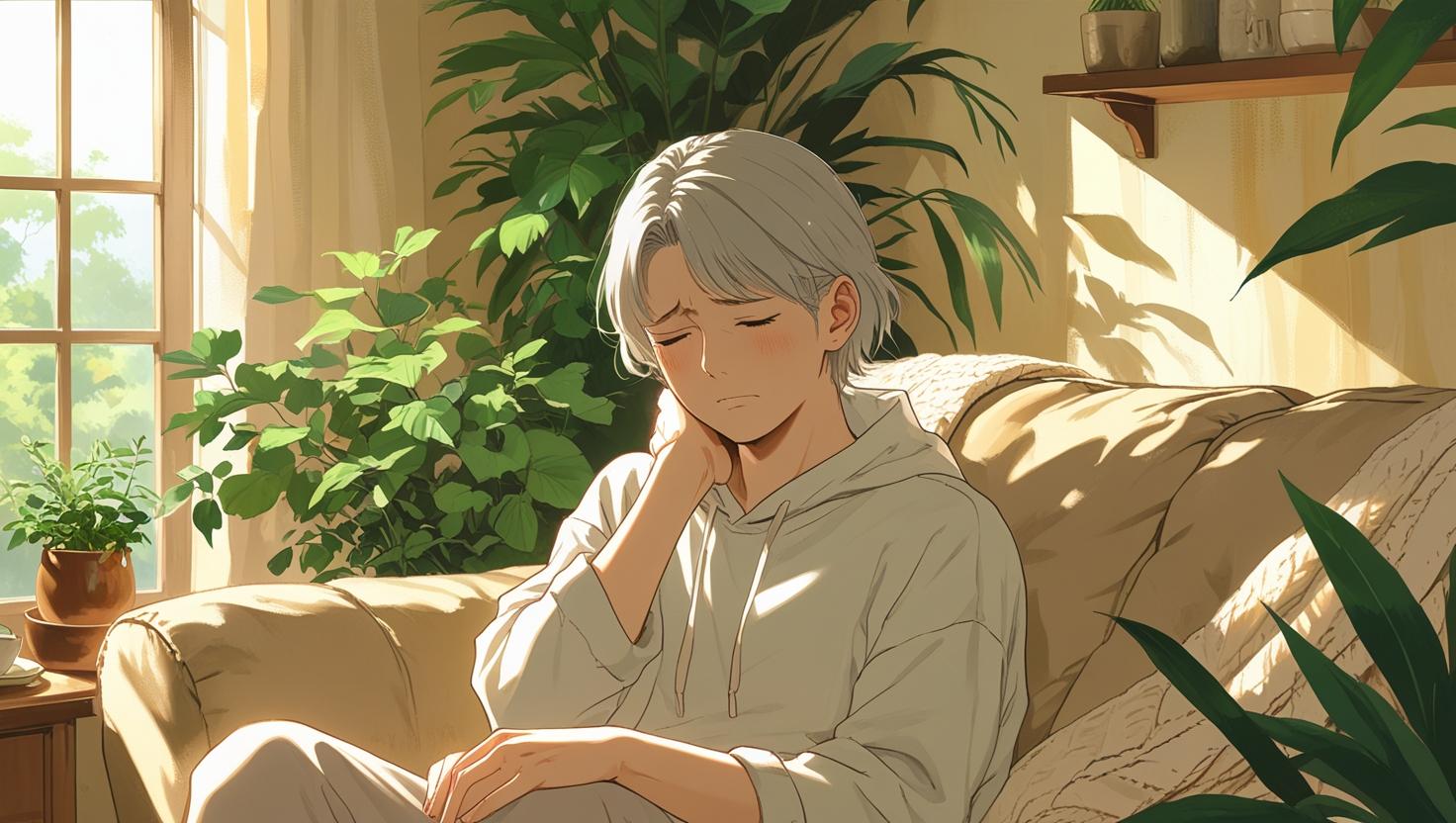 Person relaxing in a cozy home setting, gently holding their back with one hand, symbolizing the search for natural relief from everyday discomfort.