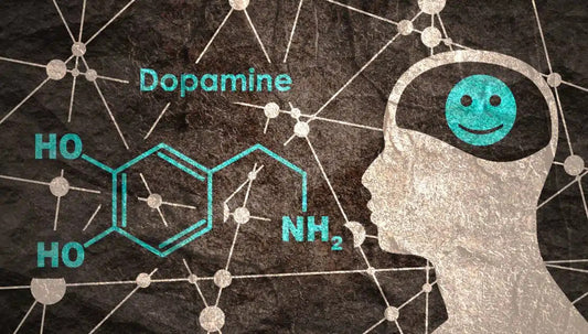 The chemical molecular formula of dopamine is displayed on a gray background. In the image, there's a silhouette of a person's head with a smiley face icon where their brain is located.
