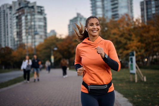 Female runner with earbuds in a park, representing active lifestyles and natural recovery routines