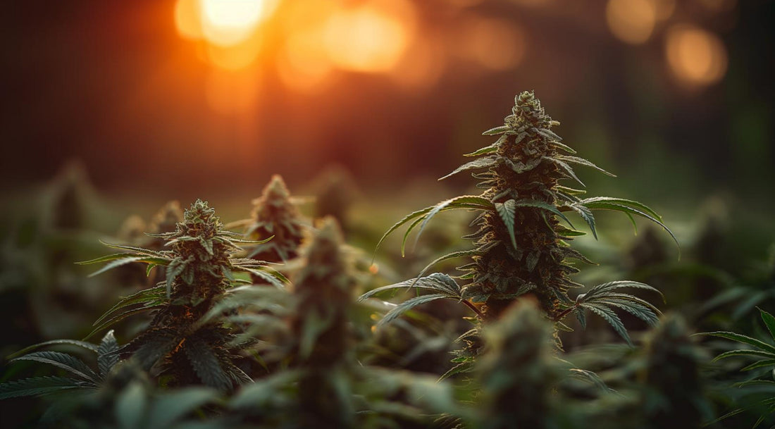 Sunlit hemp leaves with flowing light lines symbolizing hemp’s natural harmony and balance.