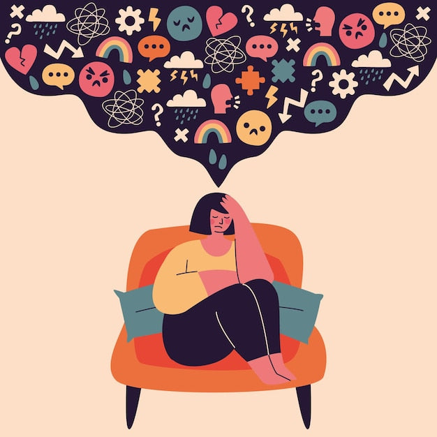 A woman sits curled in an armchair with a large dark cloud of chaotic symbols above her — angry faces, storm clouds, lightning bolts, question marks — representing the sensory and emotional overwhelm experienced by neurodivergent adults.