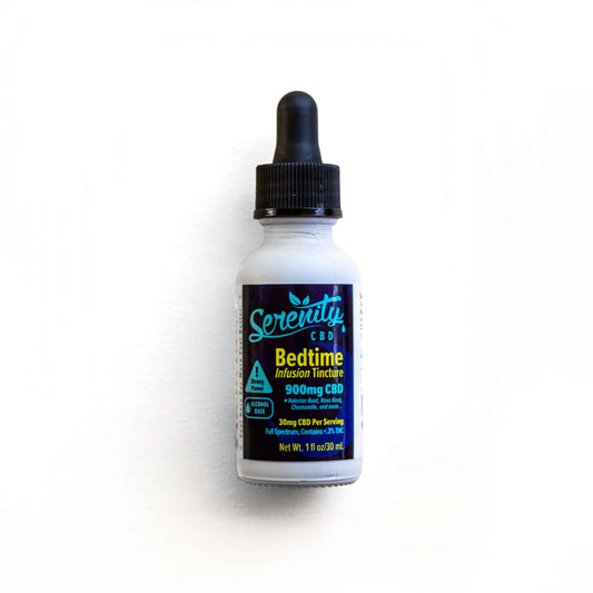 Serenity CBD Bedtime Infusion Tincture 900mg bottle with dropper—full spectrum formula with valerian root, kava kava, and chamomile to support relaxation and restful sleep