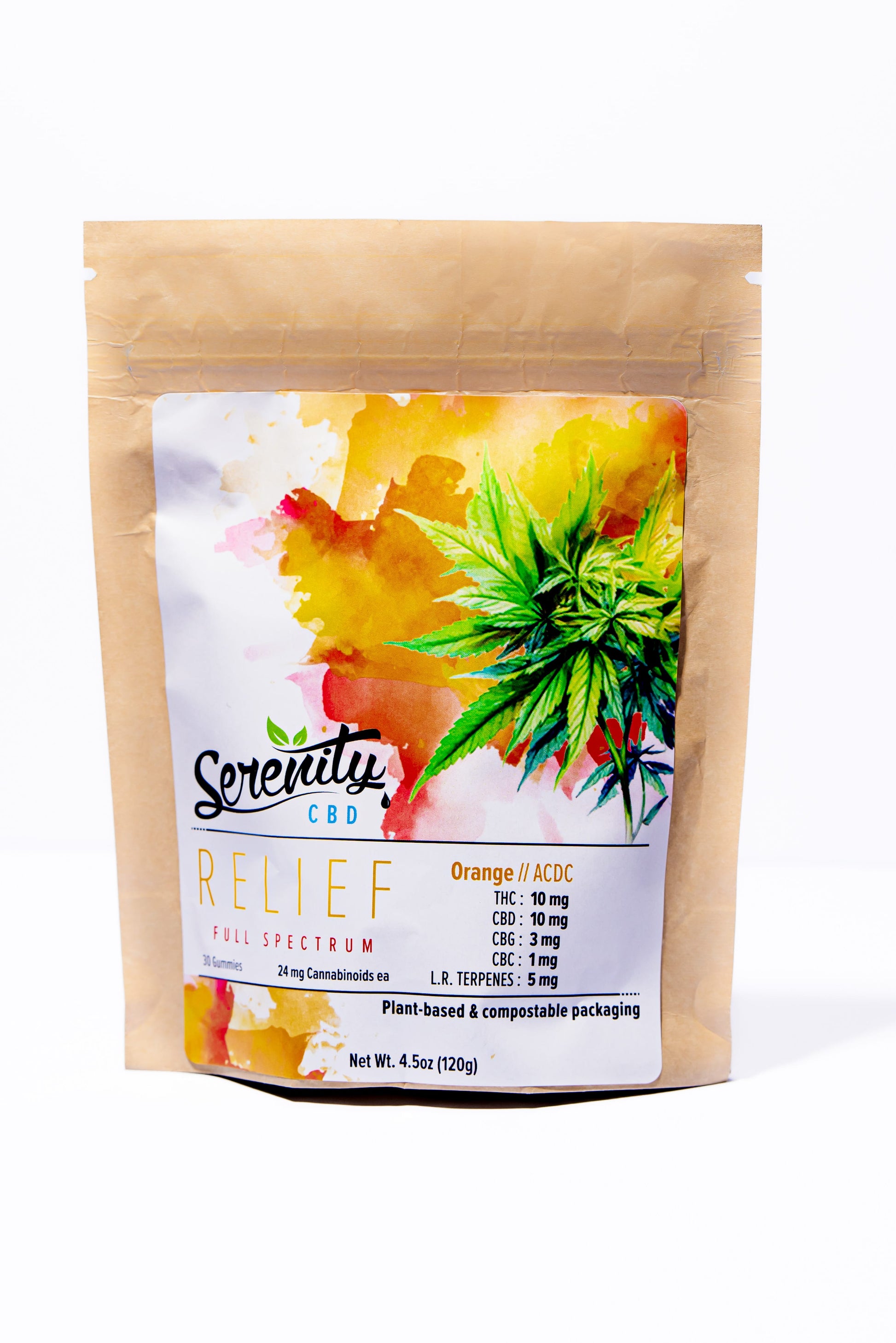Close-up of Serenity CBD ‘Relief’ full spectrum gummies bag featuring orange ACDC strain cannabinoids—THC, CBD, CBG, CBC, and terpenes—designed for restorative, full-body wellness