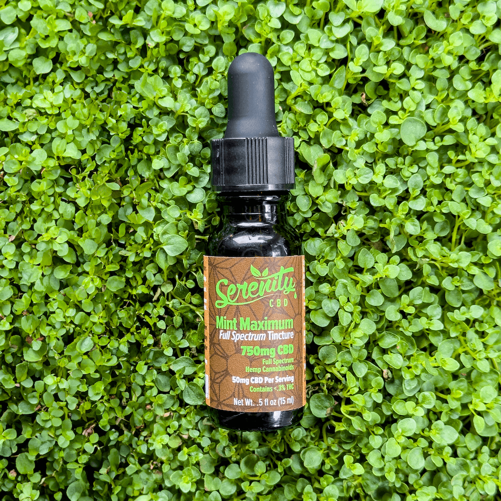 Serenity CBD Maximum Mint 3000mg Oil Tincture photographed on green grass—symbolizing natural origins and restorative wellness