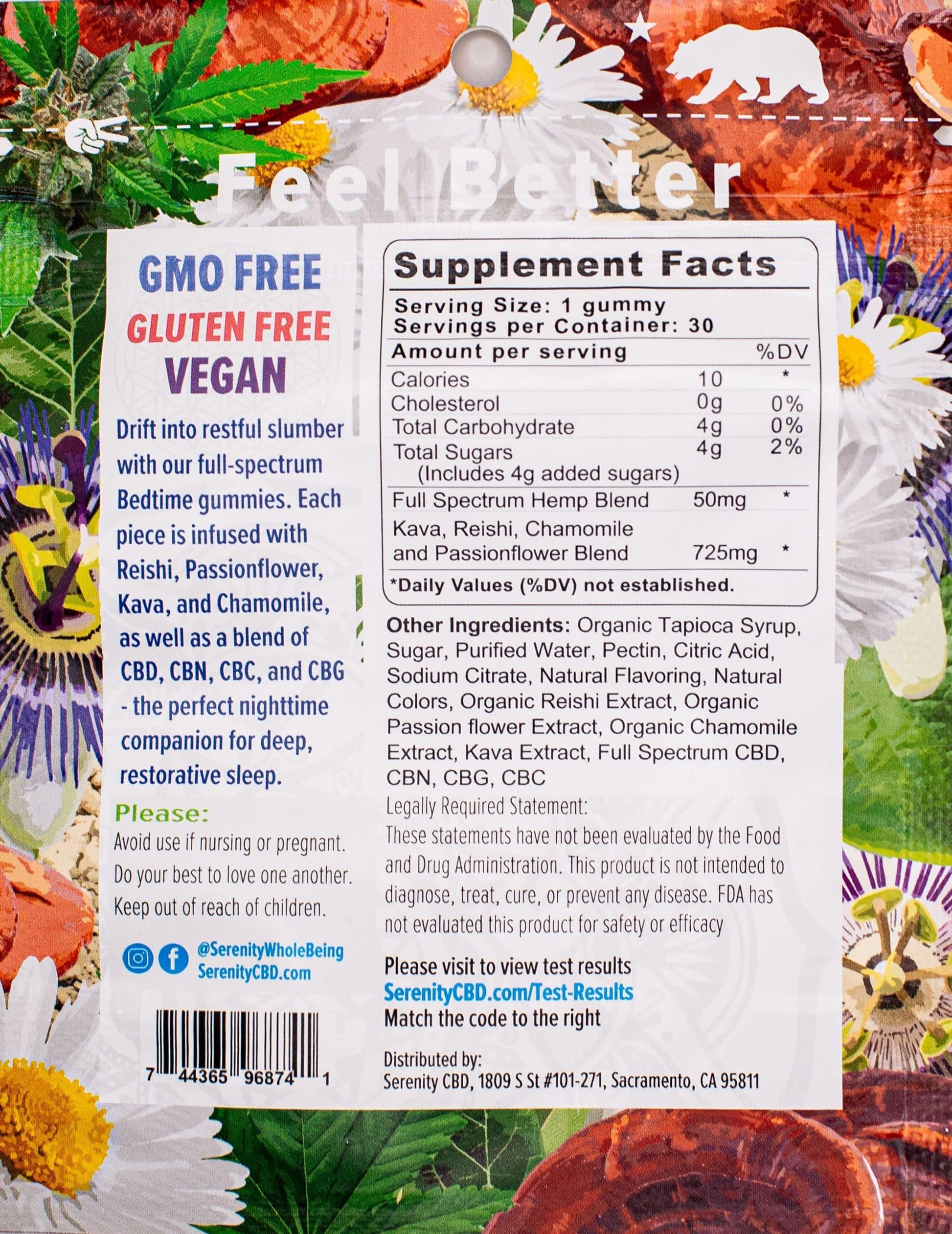 Back view of Serenity CBD ‘Bedtime’ gummies pouch displaying nutrition facts, ingredients, and dosage—emphasizing transparency, quality, and mindful sleep support
