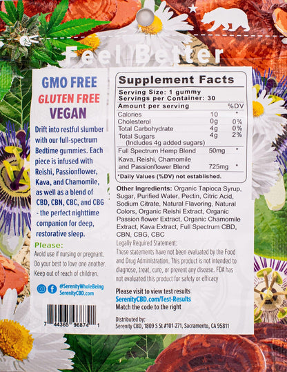 Back view of Serenity CBD ‘Bedtime’ gummies pouch displaying nutrition facts, ingredients, and dosage—emphasizing transparency, quality, and mindful sleep support