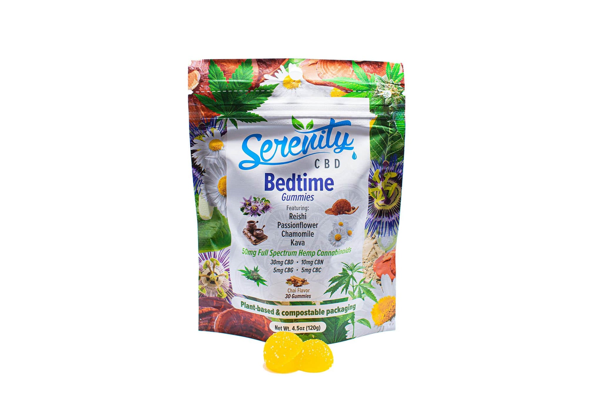 Serenity CBD ‘Bedtime’ gummies pouch with two yellow gummies—crafted with full-spectrum cannabinoids and calming botanicals to support restful sleep and nighttime wellness