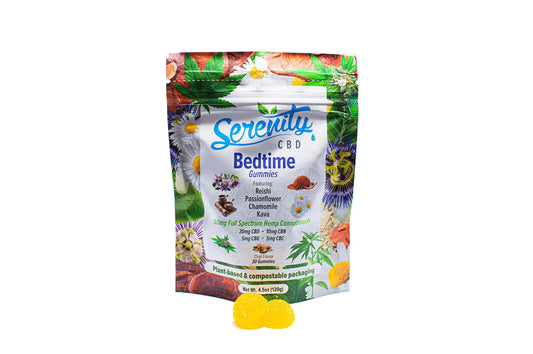 Serenity CBD ‘Bedtime’ gummies pouch with two yellow gummies—crafted with full-spectrum cannabinoids and calming botanicals to support restful sleep and nighttime wellness