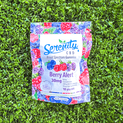 Serenity CBD ‘Focus’ gummies pouch placed on fresh green grass—emphasizing natural plant-powered support for mental sharpness and wellness