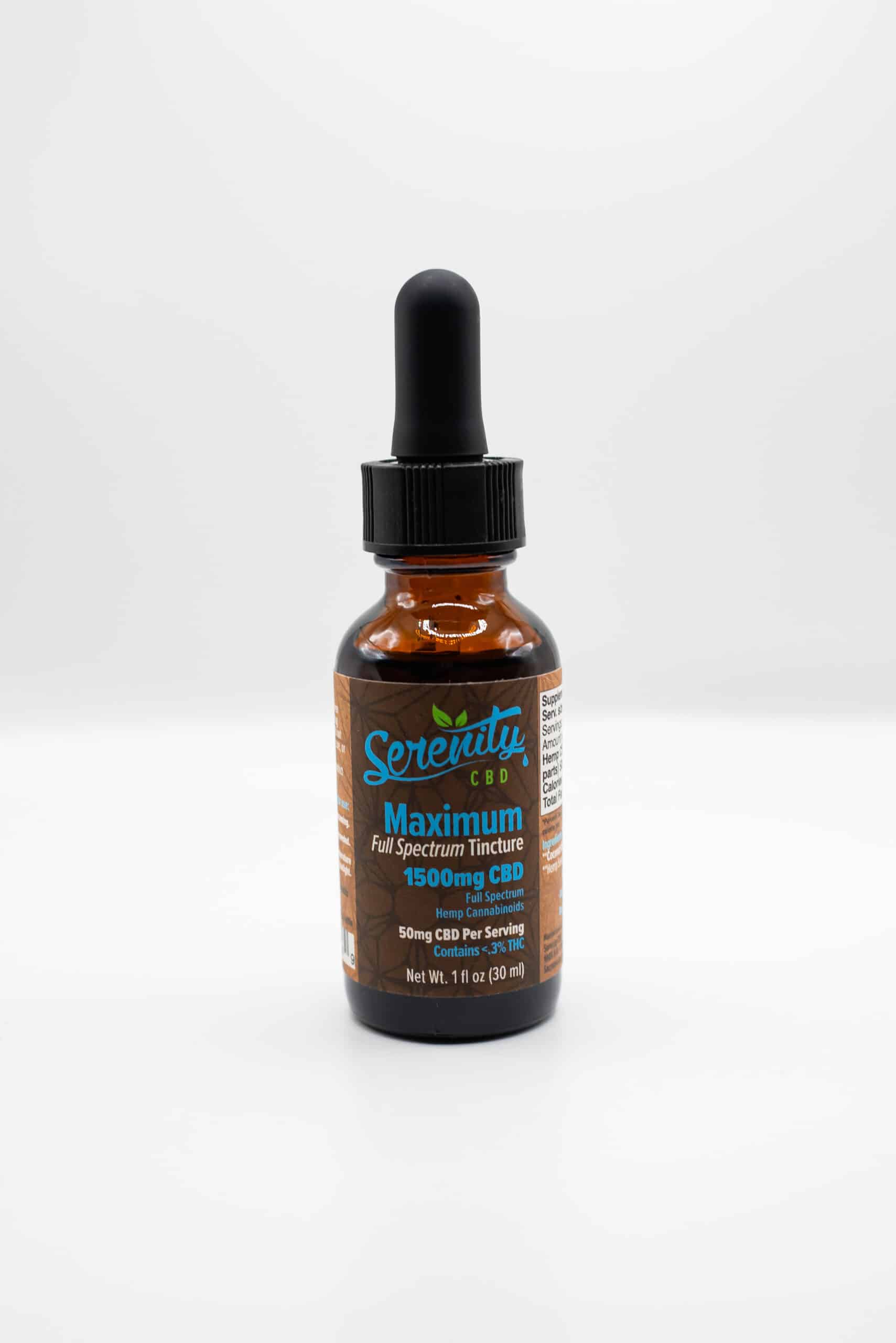 Close-up of Serenity CBD Maximum 3000mg Oil Tincture—powerful full spectrum blend crafted for calm and restorative support