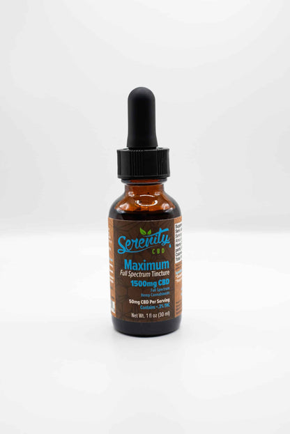 Close-up of Serenity CBD Maximum 3000mg Oil Tincture—powerful full spectrum blend crafted for calm and restorative support