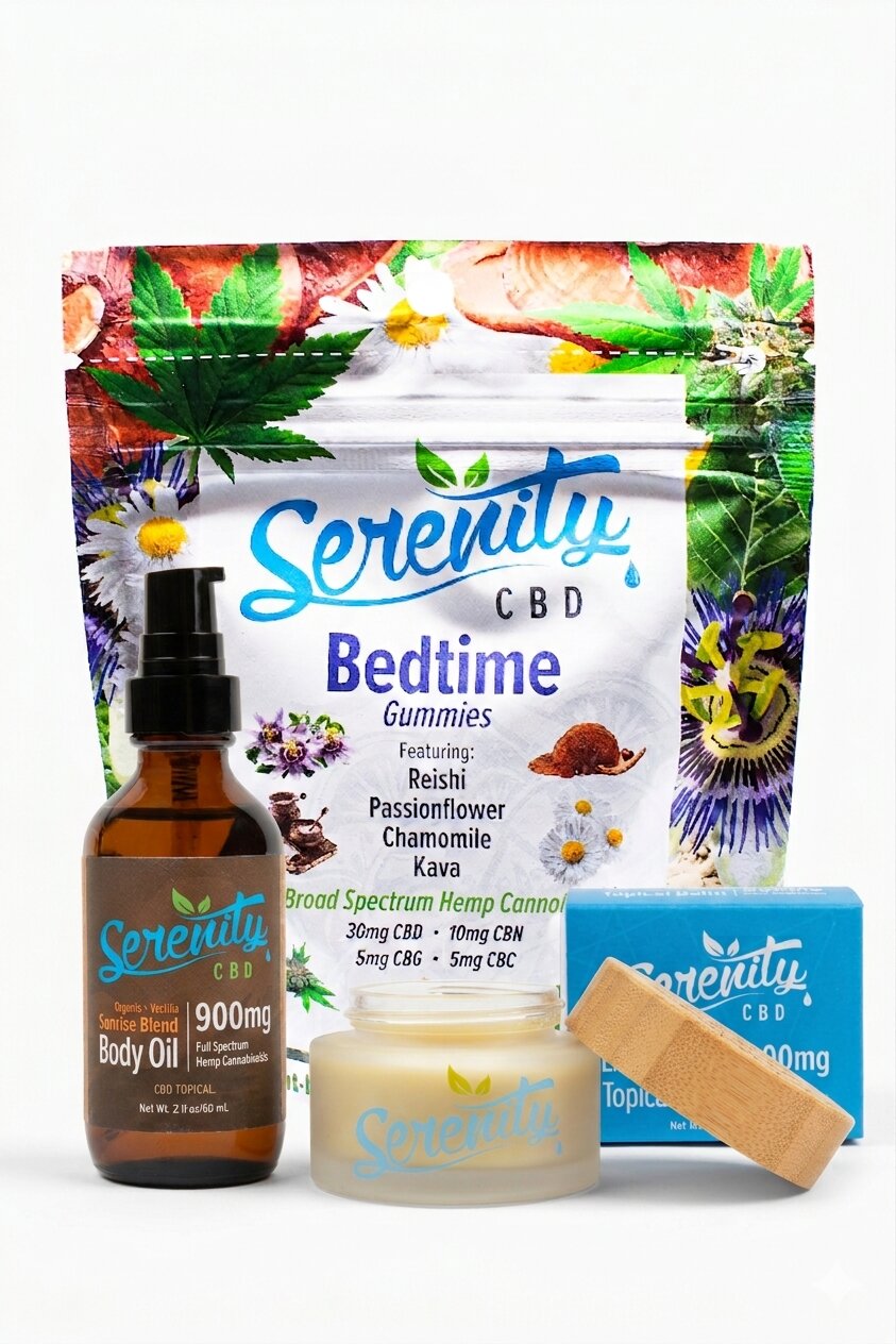 erenity CBD product bundle featuring Broad Spectrum Bedtime Gummies, 900mg Body Oil, and Topical Balm.