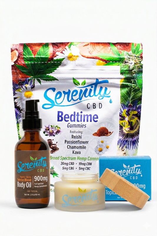 erenity CBD product bundle featuring Broad Spectrum Bedtime Gummies, 900mg Body Oil, and Topical Balm.