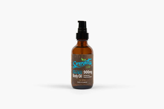 Serenity CBD Body Oil 900mg on a clean white background—highlighting a simple, restorative formula designed for relaxation and holistic wellness
