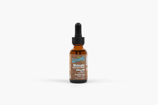 Serenity CBD Minimalist Full Spectrum Tincture 300mg bottle with dropper—light strength hemp extract designed for gentle balance, clarity, and everyday wellness