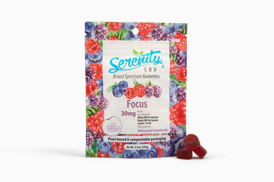 Serenity CBD ‘Focus’ gummies pouch with red gummy—formulated with cannabinoids and botanicals to enhance clarity, concentration, and mindful energy