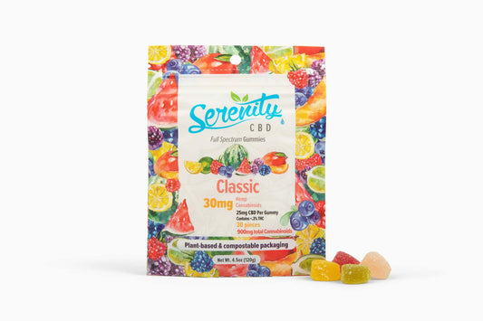 Colorful resealable bag of Serenity CBD Classic Full Spectrum Gummies, 30mg hemp cannabinoids per serving, plant-based and compostable packaging, with assorted fruit gummies displayed in front