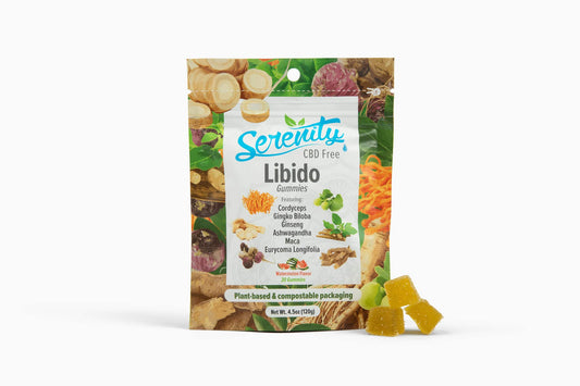 Serenity CBD ‘Libido’ gummies pouch with yellow gummies, infused with botanicals and cannabinoids to naturally support intimacy, vitality, and sexual wellness