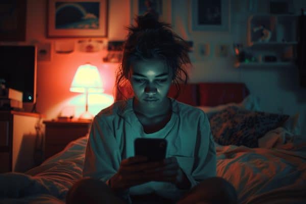 A young woman sits cross-legged on her bed, engrossed in her smartphone. The room is dimly lit, with the glow of the phone screen illuminating her face. Surrounding her are disorganized blankets and pillows, suggesting a lack of a bedtime routine and healthy sleep habits. Her expression shows fatigue, highlighting the need for better sleep hygiene to improve her overall well-being.