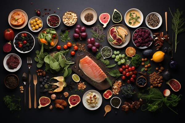 A vibrant assortment of foods displayed on a wooden table, including wild-caught salmon filets, chia seeds, walnuts, blueberries, dark chocolate, and leafy greens. The salmon fillets are fresh and pink, while the chia seeds and walnuts are placed in small bowls, highlighting their texture. Blueberries are scattered around, adding a pop of color, and the dark chocolate is broken into rich, inviting pieces. The leafy greens are crisp and vibrant, completing the array of nutrient-dense foods. These foods are rich in antioxidants and omega-3 fatty acids, which are essential for brain health and promoting better sleep. The arrangement is visually appealing, suggesting a healthy and balanced diet that supports overall well-being.