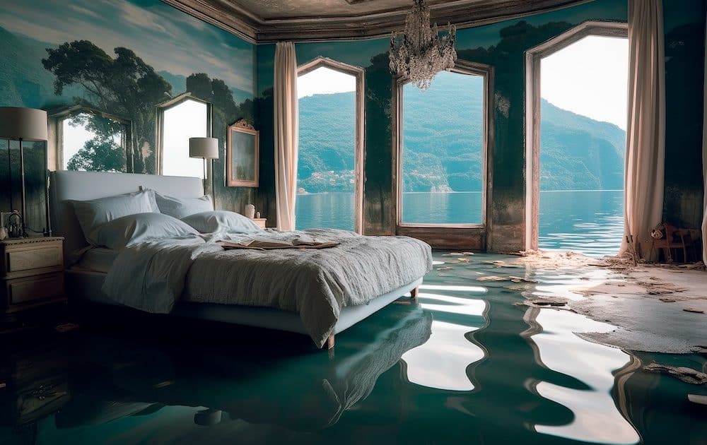 Image of a bed in a luxurious room overlooking a mountain and a lake representing vivid dreams that occur during rapid eye movement sleep. Taking CBD for sleep may support healthy sleep cycles for restorative sleep.