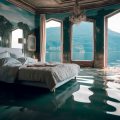 Image of a bed in a luxurious room overlooking a mountain and a lake representing vivid dreams that occur during rapid eye movement sleep. Taking CBD for sleep may support healthy sleep cycles for restorative sleep.