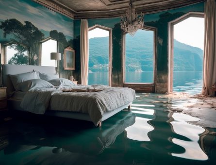 Image of a bed in a luxurious room overlooking a mountain and a lake representing vivid dreams that occur during rapid eye movement sleep. Taking CBD for sleep may support healthy sleep cycles for restorative sleep.